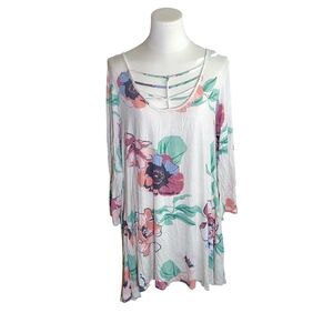 Myesper Strappy Asymmetrical Floral White Green Stretch Sleeved Dress Size 3X